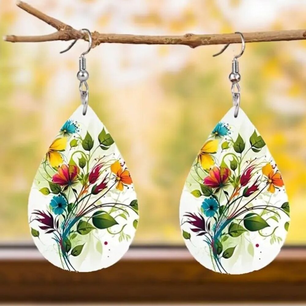 Beautiful Floral Spring Art Dangle Teardrop Earrings NEW